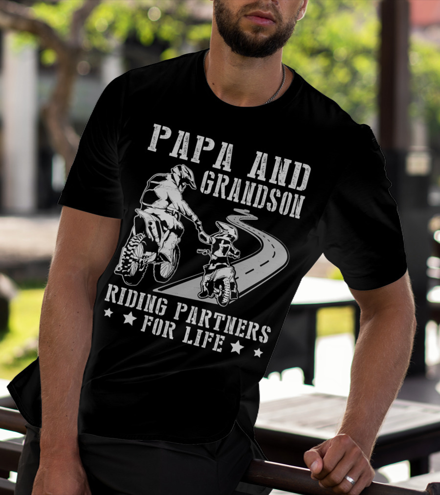 Papa And Grandson Riding Partners For Life Happy Motor Rider Road Adventure T-Shirt