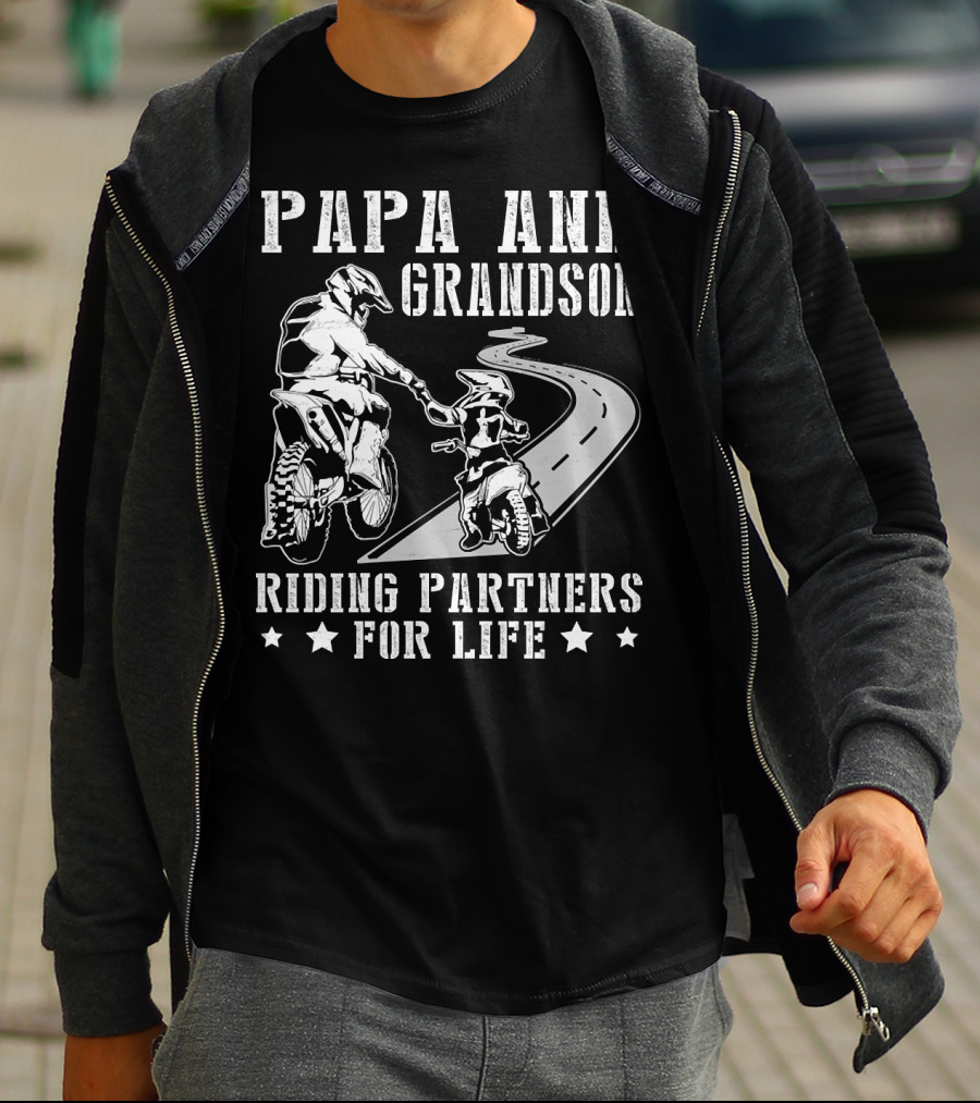Papa And Grandson Riding Partners For Life Happy Motor Rider Road Adventure T-Shirt