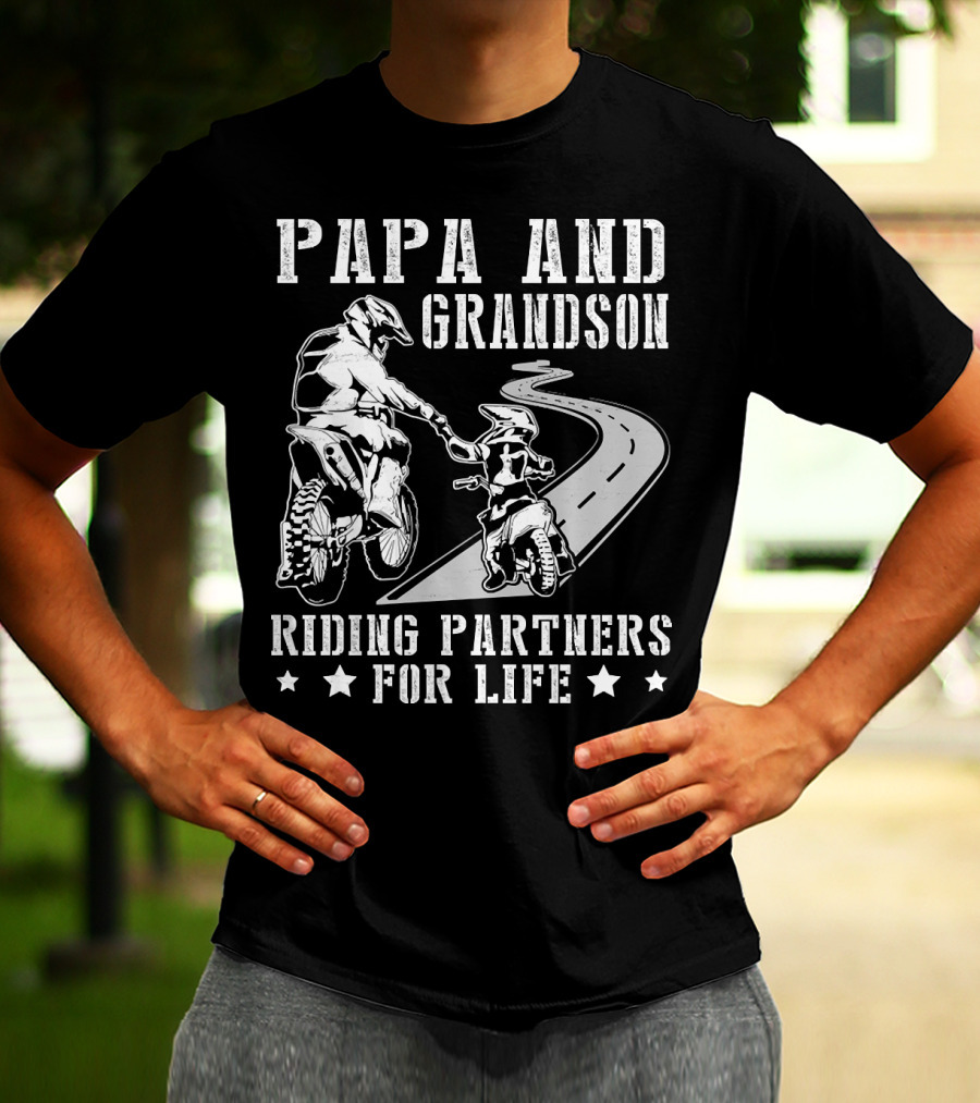 Papa And Grandson Riding Partners For Life Happy Motor Rider Road Adventure T-Shirt