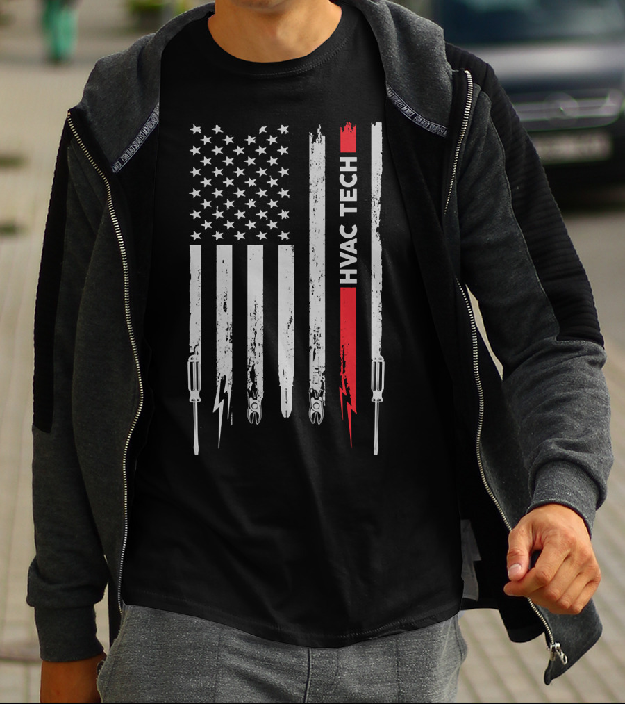 American Flag HVAC Tech Pride With Tools And Lightning 212 T-Shirt