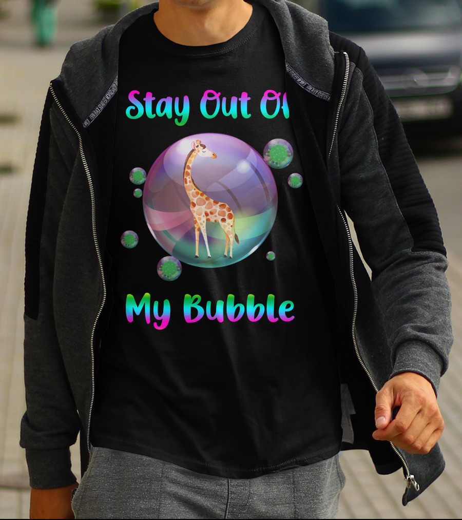 Stay Out Of My Bubble Giraffe In Rainbow Bubble With Green Germs T-Shirt