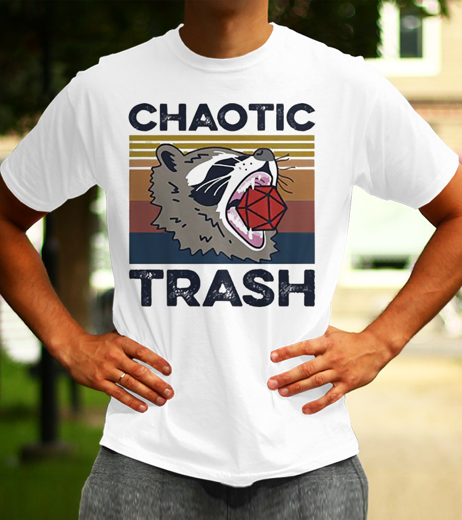 Chaotic Trash Game Raccoon D20 Dice Retro Stripes T-Shirt