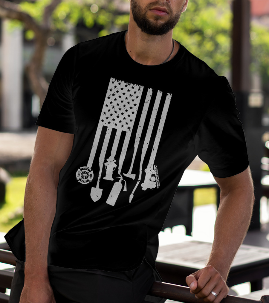 American Flag With Firefighter Tools And Veteran Badge Elements T-Shirt