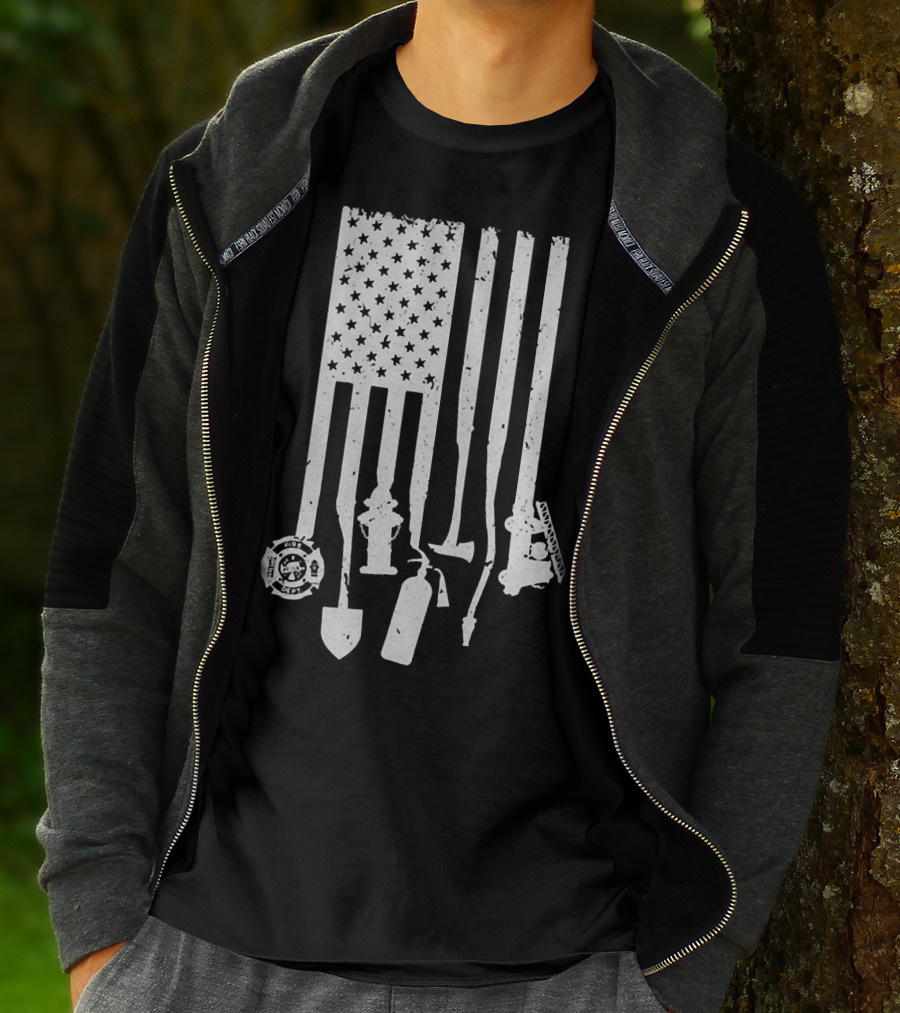 American Flag With Firefighter Tools And Veteran Badge Elements T-Shirt
