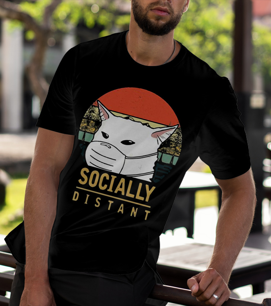 Socially Distant Cat White Masked Sunset T-Shirt