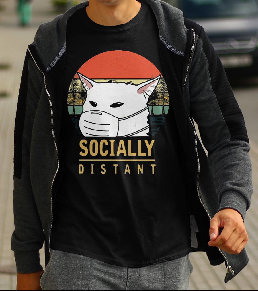 Socially Distant Cat White Masked Sunset T-Shirt