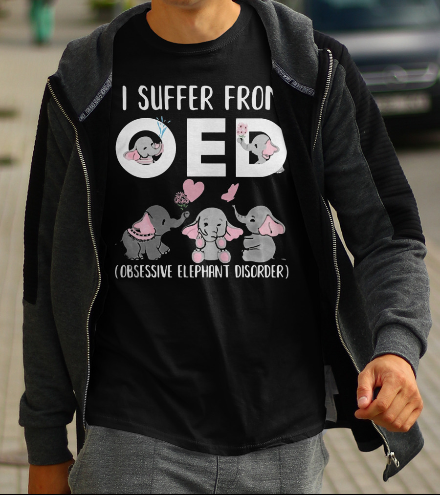 I Suffer From OED Obsessive Elephant Disorder Cute Pink And Gray Elephants With Hearts T-Shirt