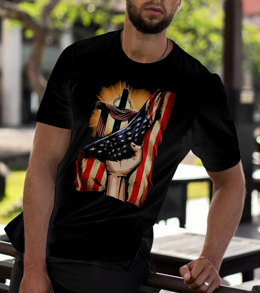 Jesus God American Flag Cross And Hand Inside Me T-Shirt