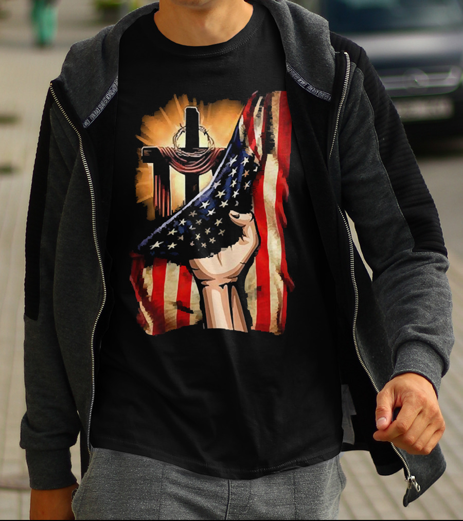 Jesus God American Flag Cross And Hand Inside Me T-Shirt