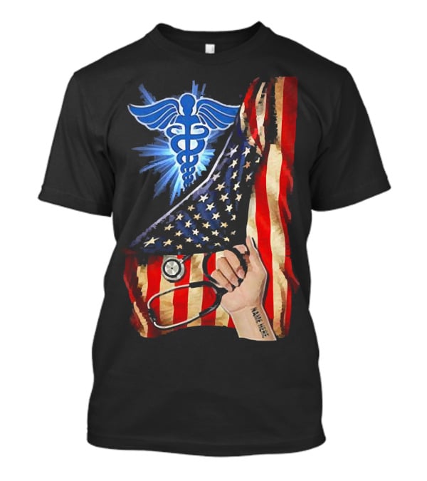 Nurse America Flag Caduceus Tattoo Stethoscope T-Shirt