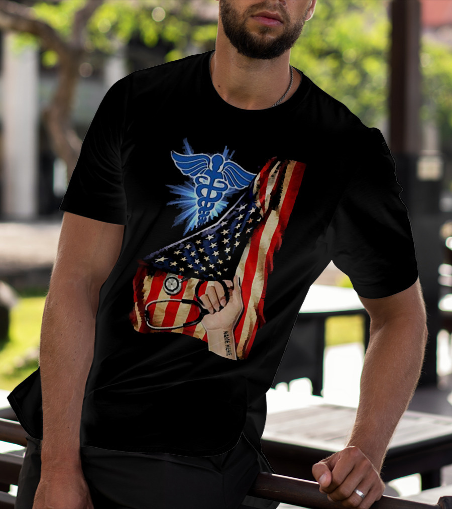 Nurse America Flag Caduceus Tattoo Stethoscope T-Shirt