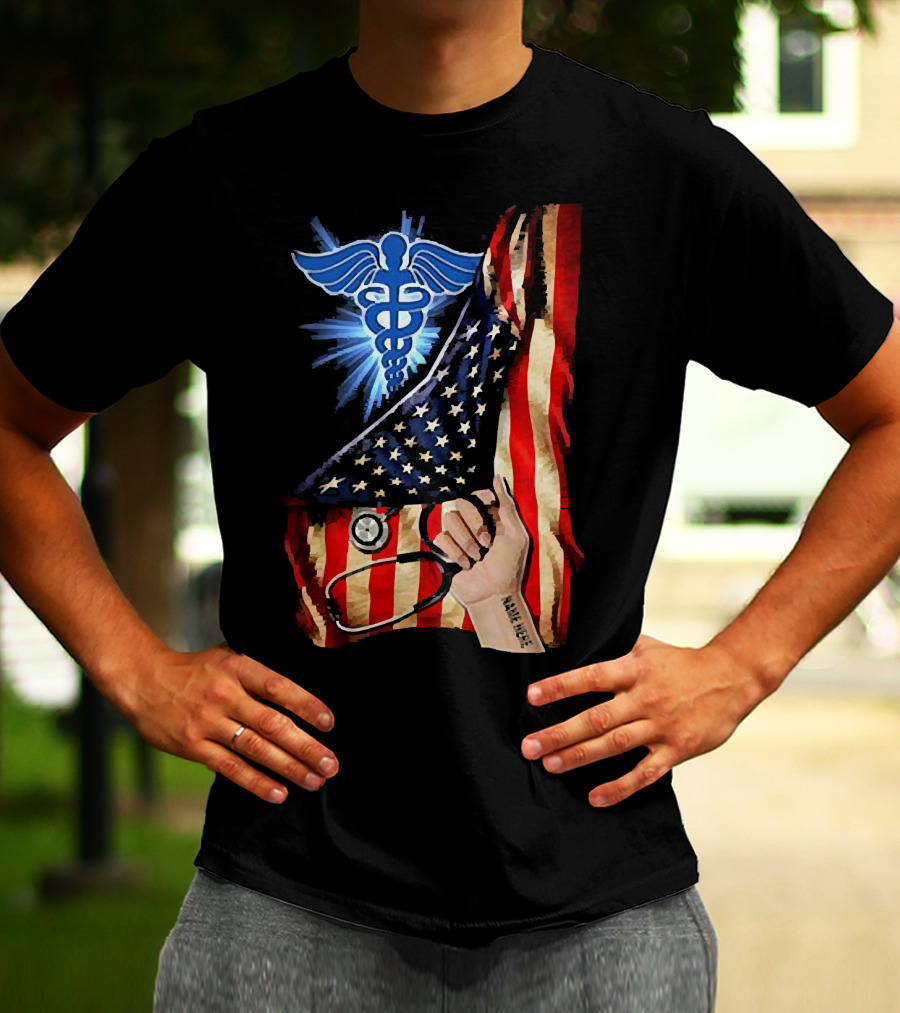 Nurse America Flag Caduceus Tattoo Stethoscope T-Shirt