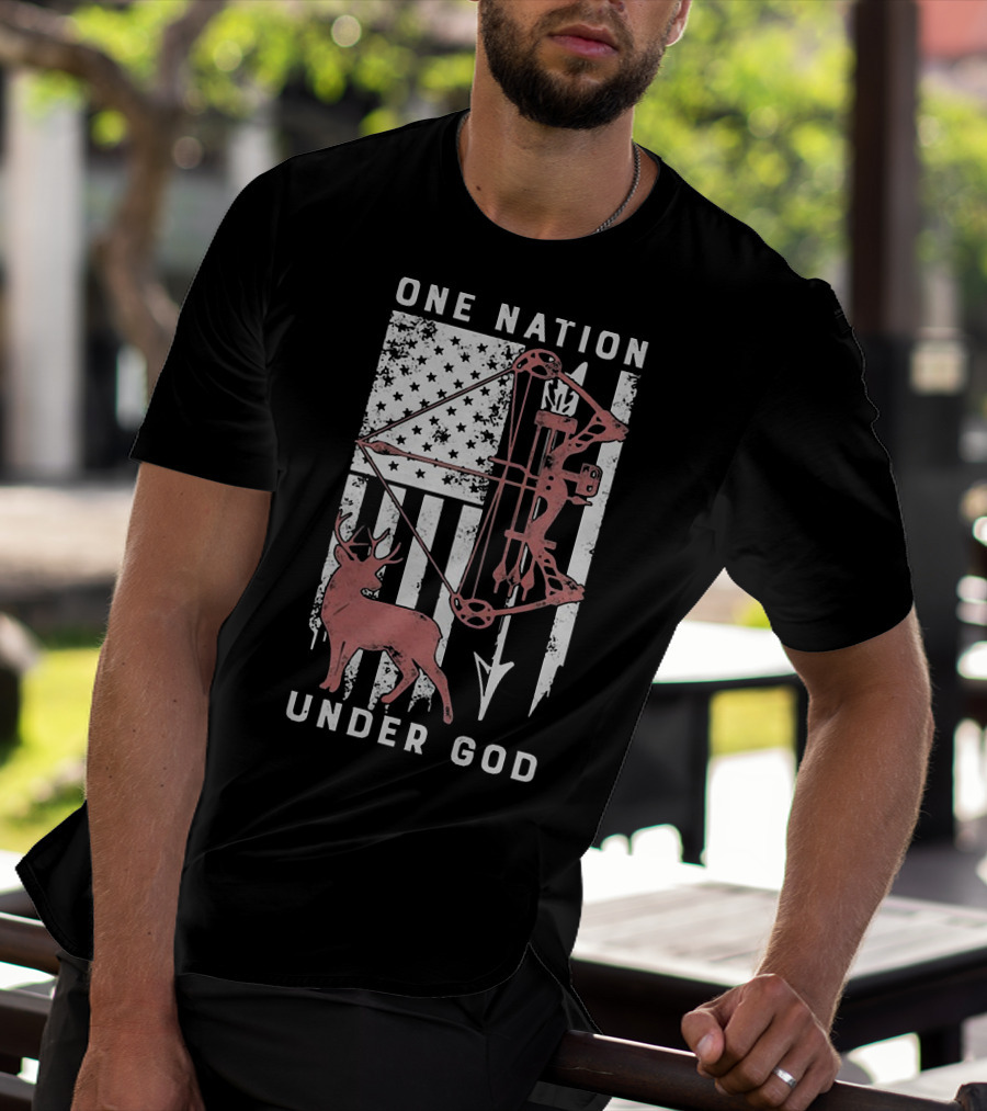 One Nation Under God American Flag Bow Hunter Veteran T-Shirt