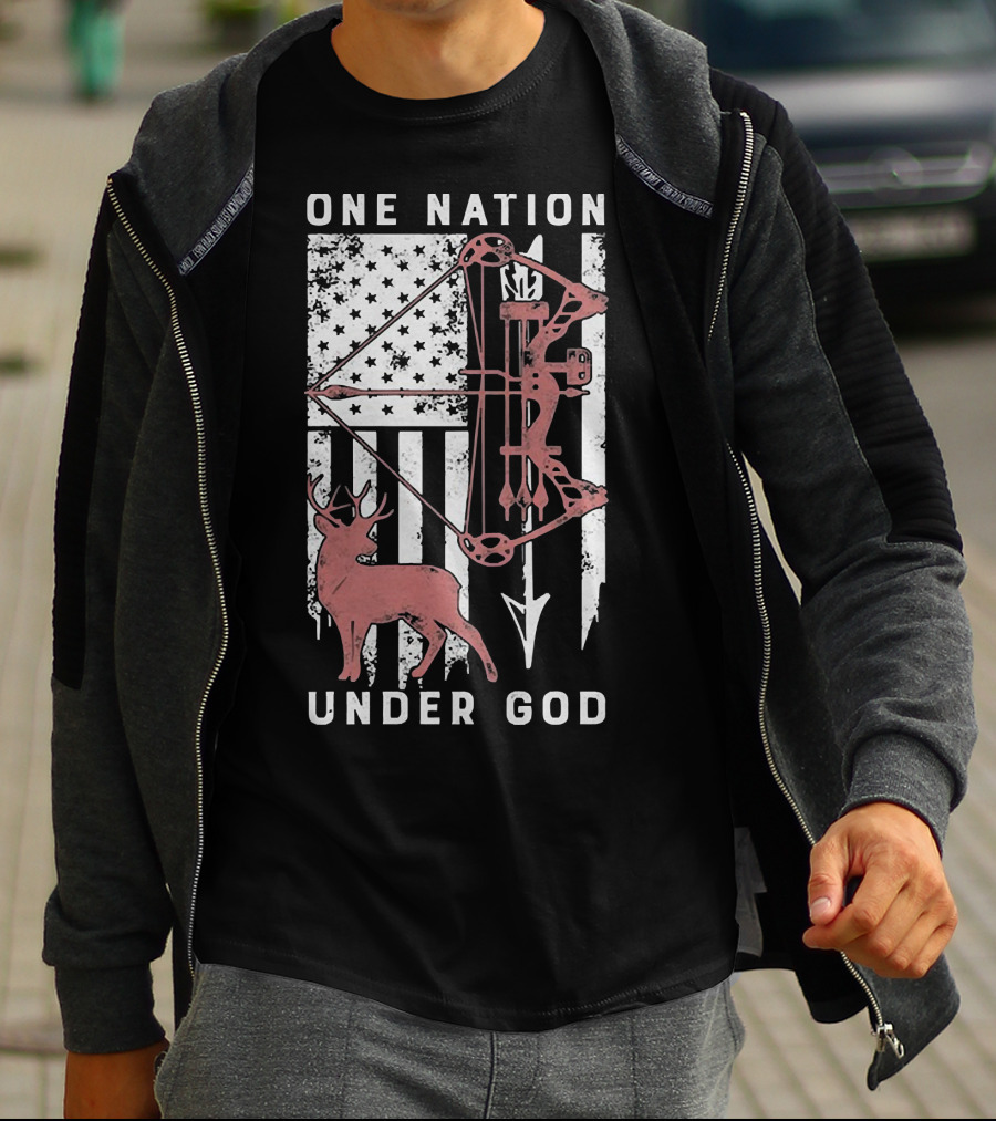 One Nation Under God American Flag Bow Hunter Veteran T-Shirt