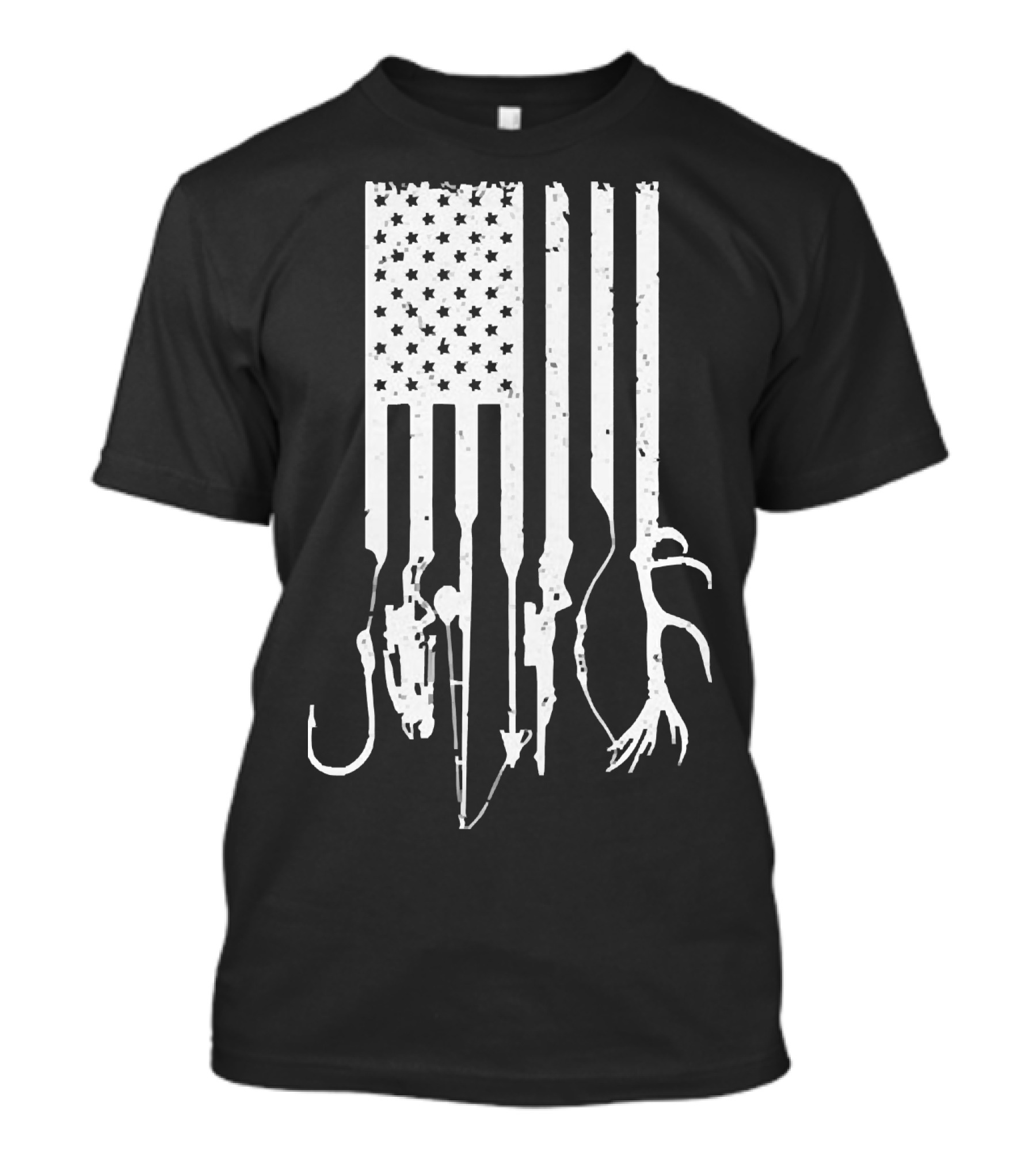 American Flag With Fishing Hooks And Hunting Gear T-Shirt