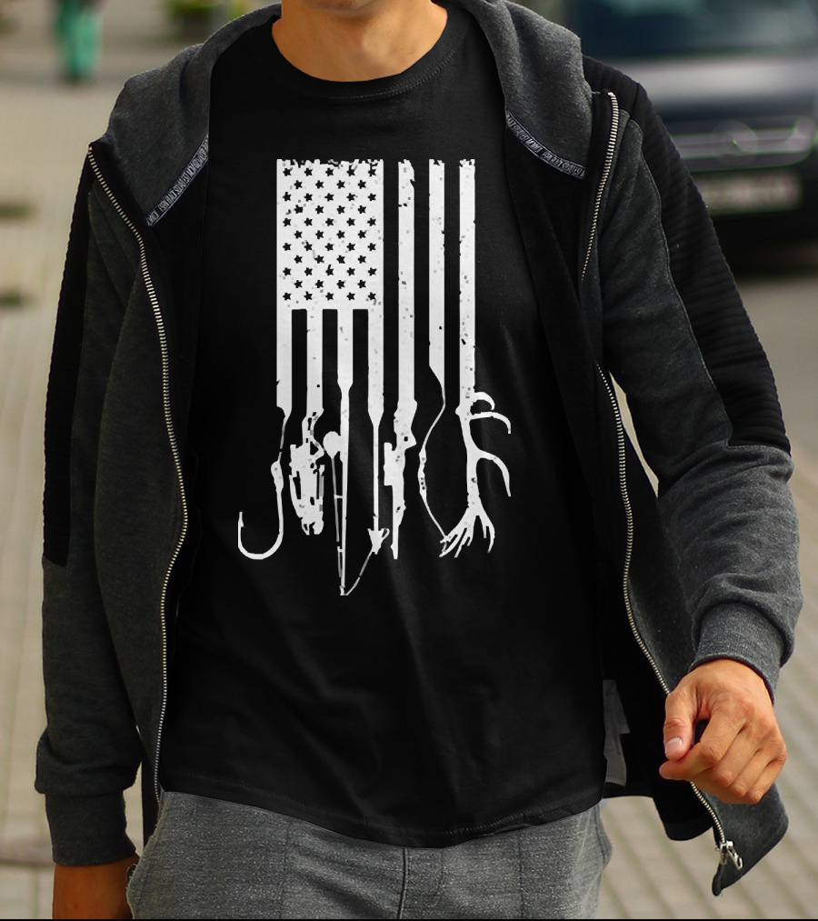 American Flag With Fishing Hooks And Hunting Gear T-Shirt
