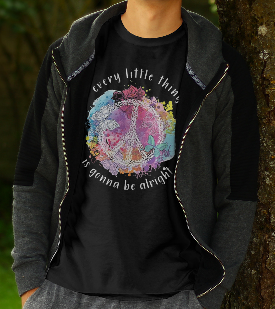 Every Little Thing Is Gonna Be Alright Peace Symbol With Colorful Butterflies And Floral Accents T-Shirt