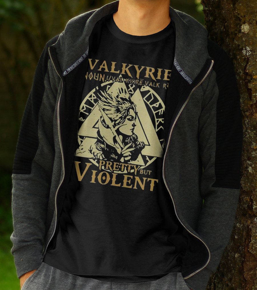 VALKYRIE NOUN PRETTY BUT VIOLENT WITH NORSE RUNES BACKGROUND T-Shirt
