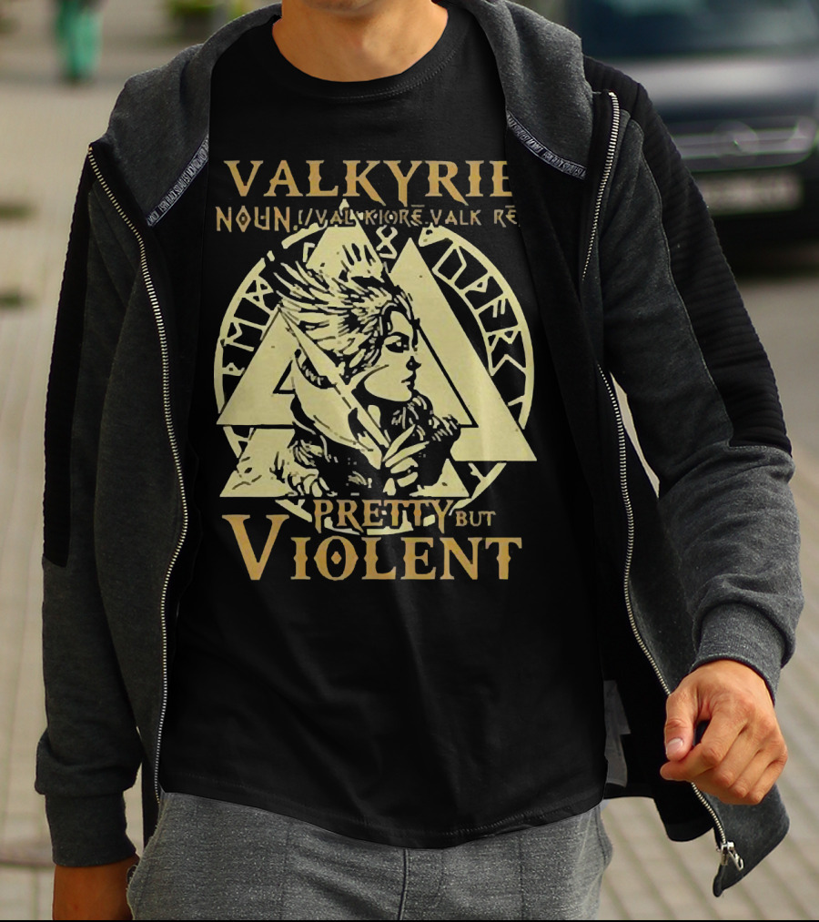 VALKYRIE NOUN PRETTY BUT VIOLENT WITH NORSE RUNES BACKGROUND T-Shirt
