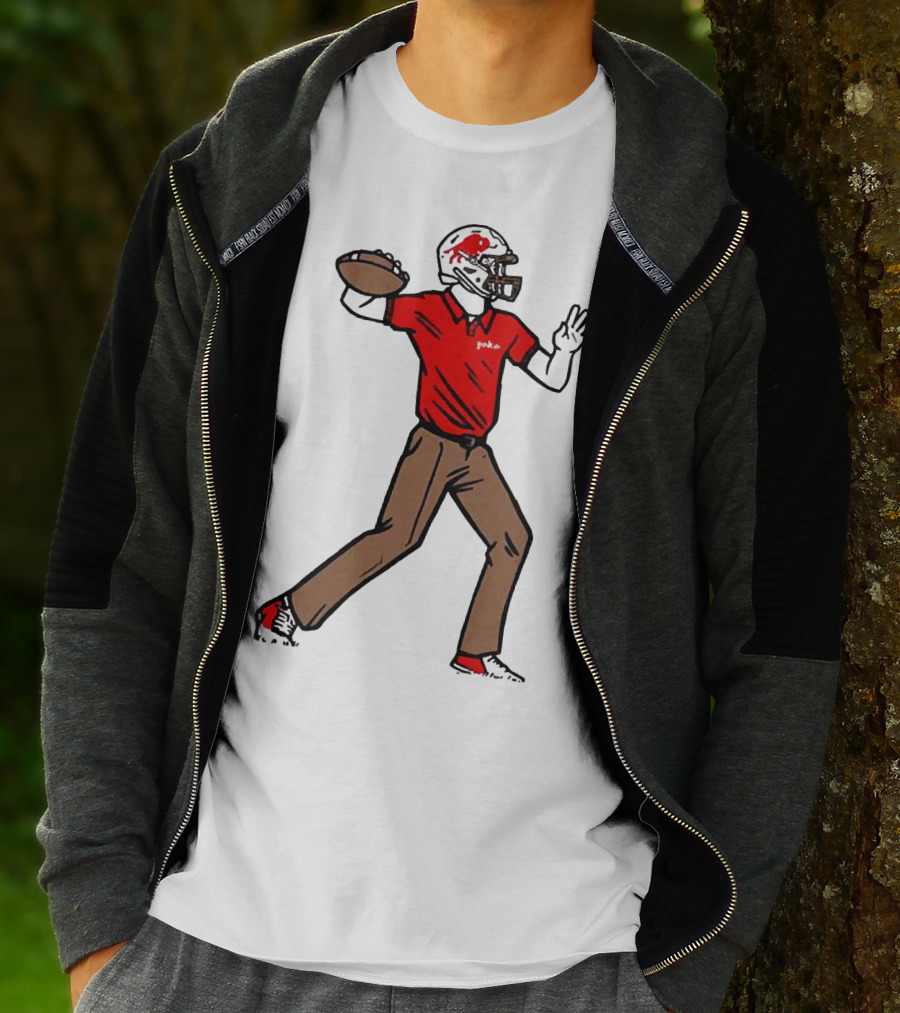 Jake From Buffalo Football Player Throwing Pass Brown Pants Red Shirt Helmet T-Shirt