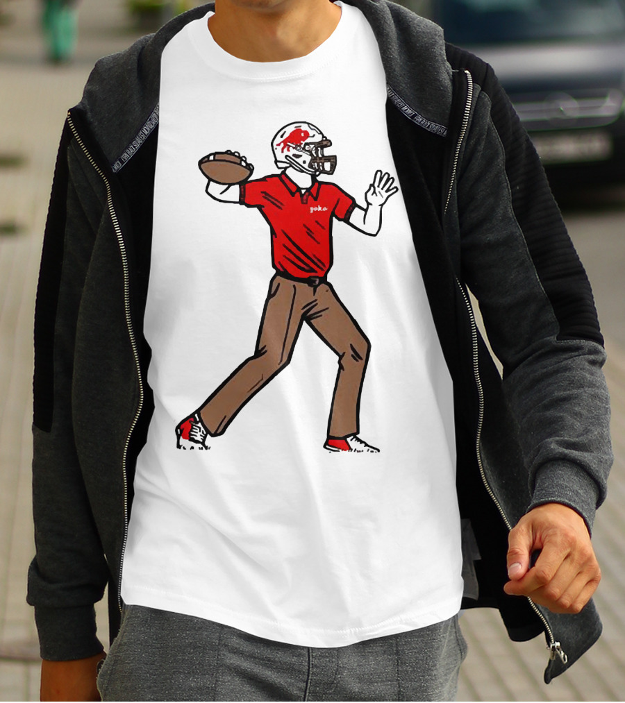 Jake From Buffalo Football Player Throwing Pass Brown Pants Red Shirt Helmet T-Shirt
