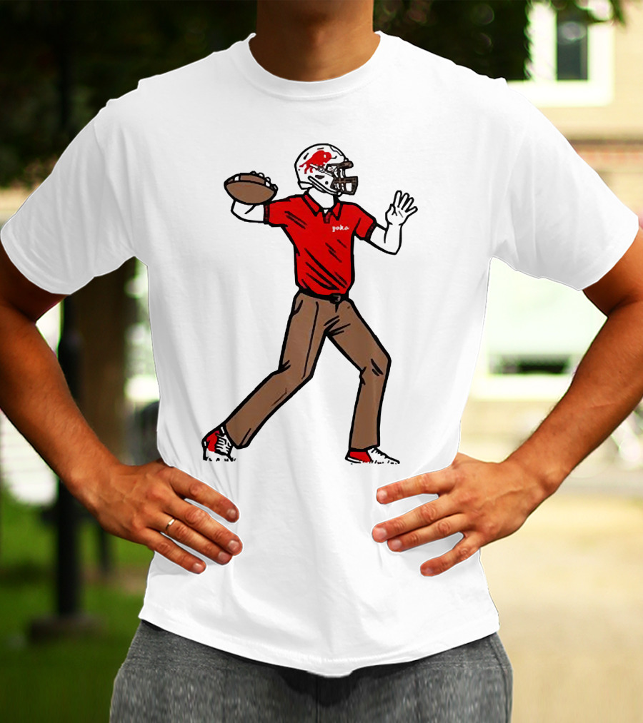 Jake From Buffalo Football Player Throwing Pass Brown Pants Red Shirt Helmet T-Shirt