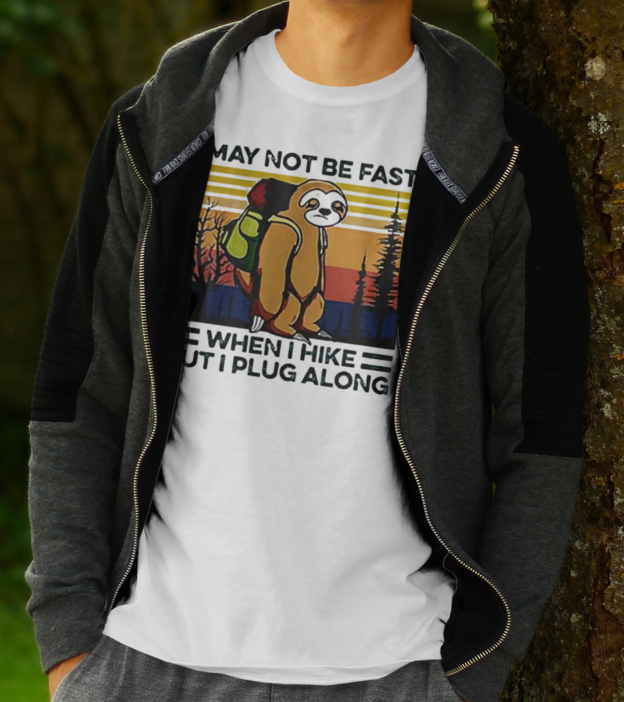 I May Not Be Fast When I Hike But I Plug Along Sloth Retro Forest Scene T-Shirt