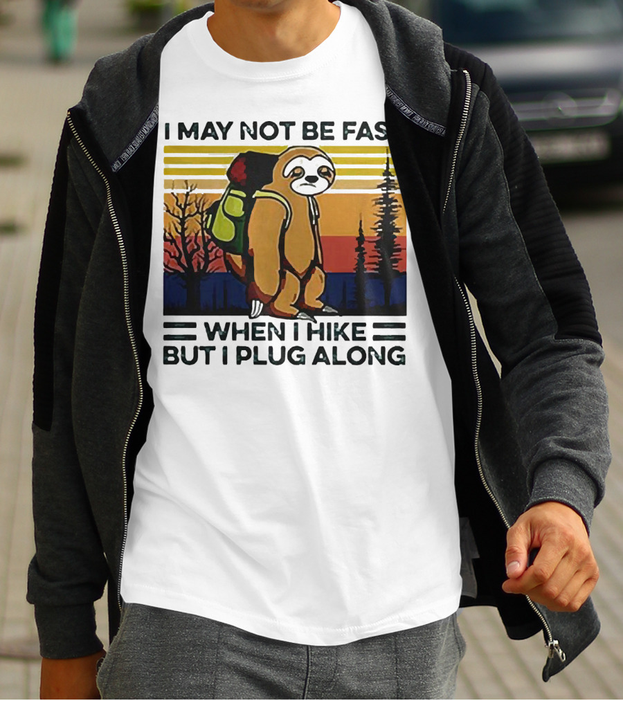 I May Not Be Fast When I Hike But I Plug Along Sloth Retro Forest Scene T-Shirt