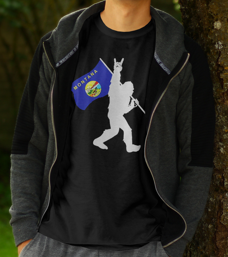 Bigfoot Holding Montana State Flag Middle Finger Gesture T-Shirt