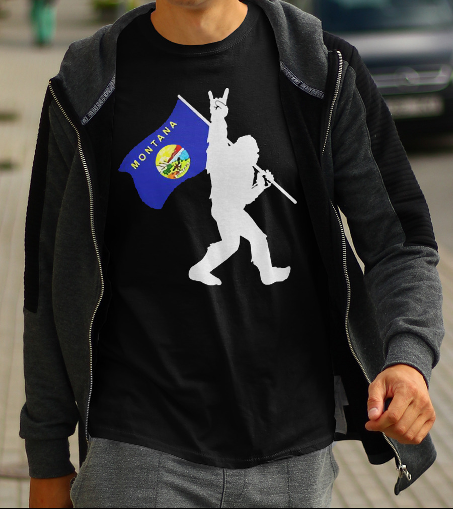 Bigfoot Holding Montana State Flag Middle Finger Gesture T-Shirt