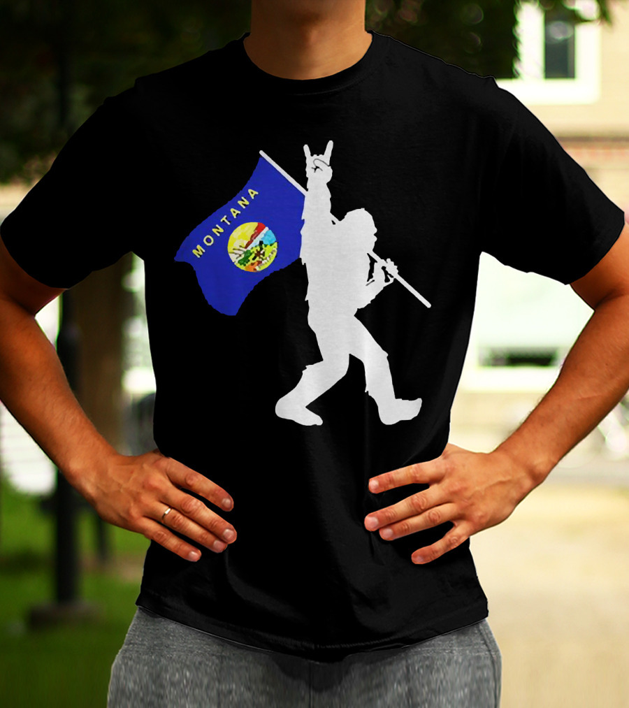 Bigfoot Holding Montana State Flag Middle Finger Gesture T-Shirt