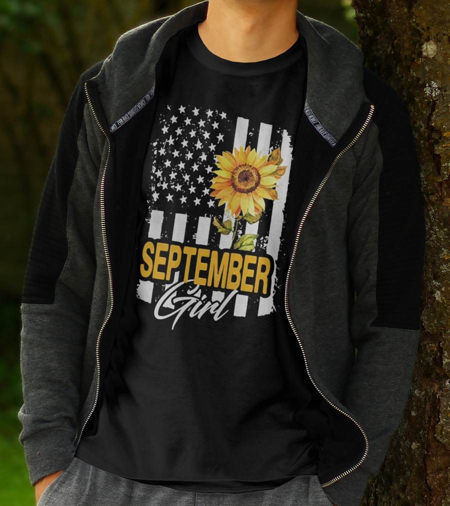 September Girl Sunflowers With American Flag T-Shirt