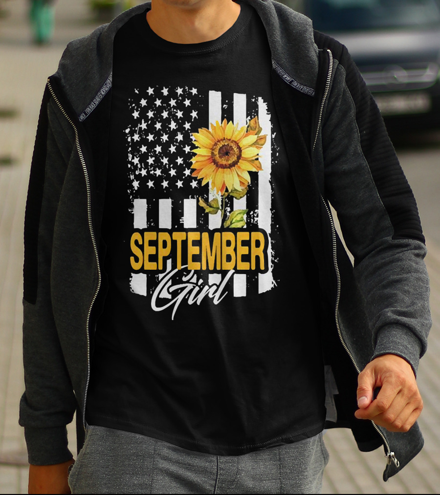 September Girl Sunflowers With American Flag T-Shirt