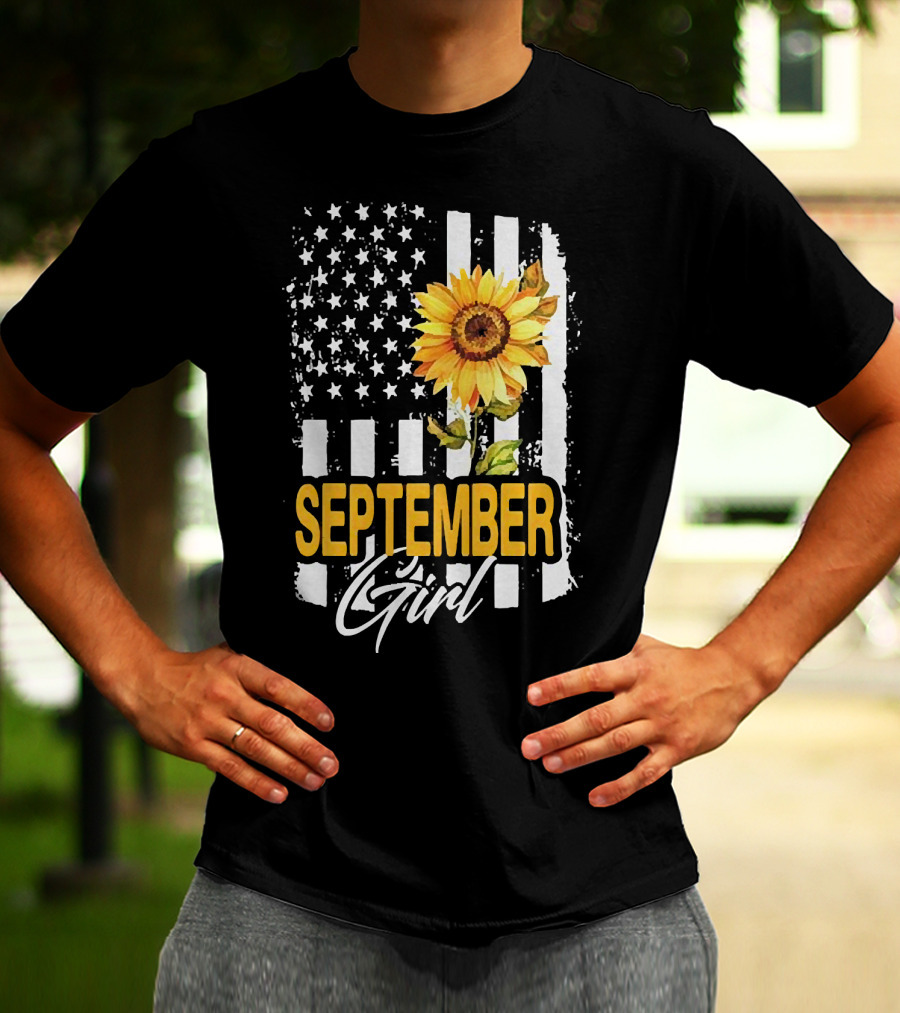 September Girl Sunflowers With American Flag T-Shirt