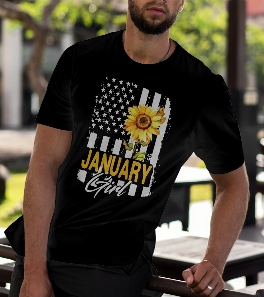 Sunflowers January Girl American Flag T-Shirt