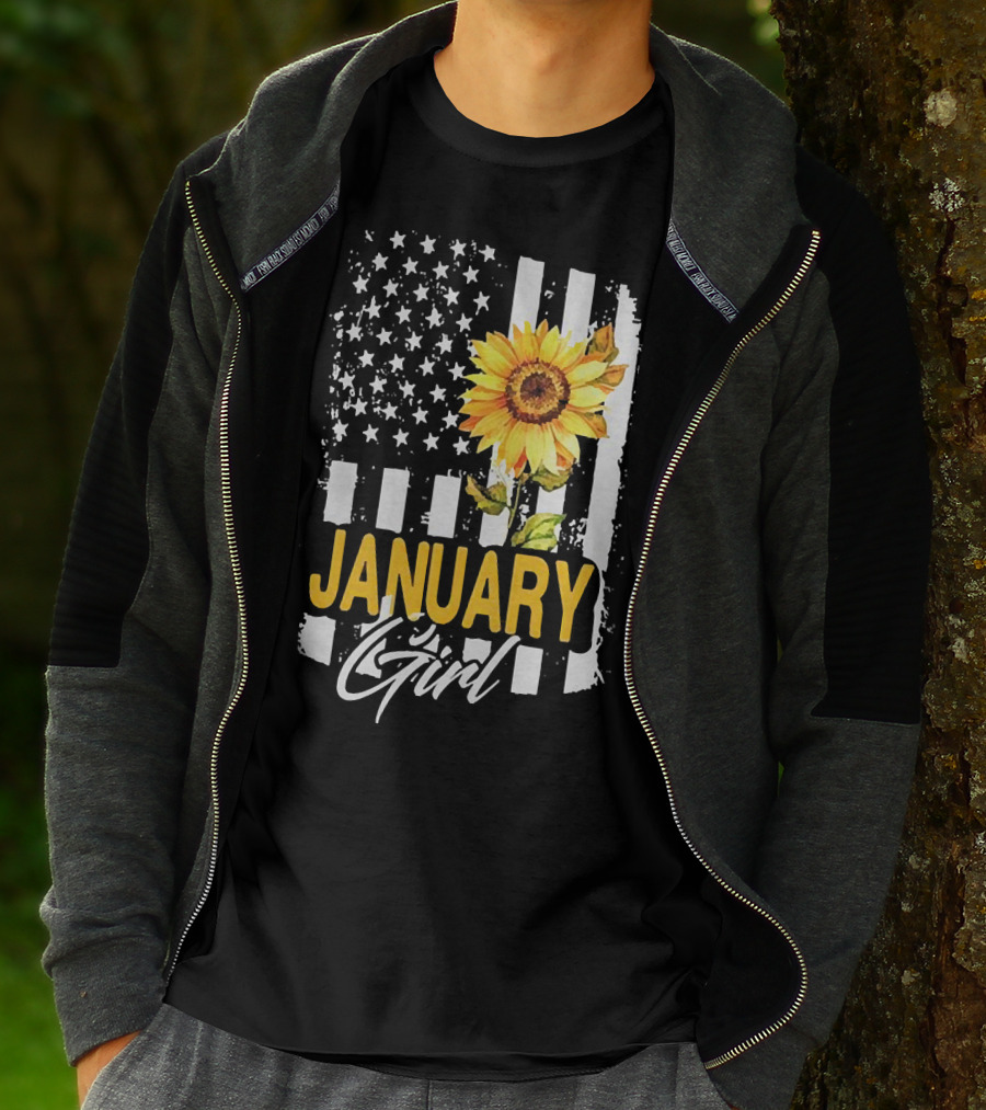 Sunflowers January Girl American Flag T-Shirt