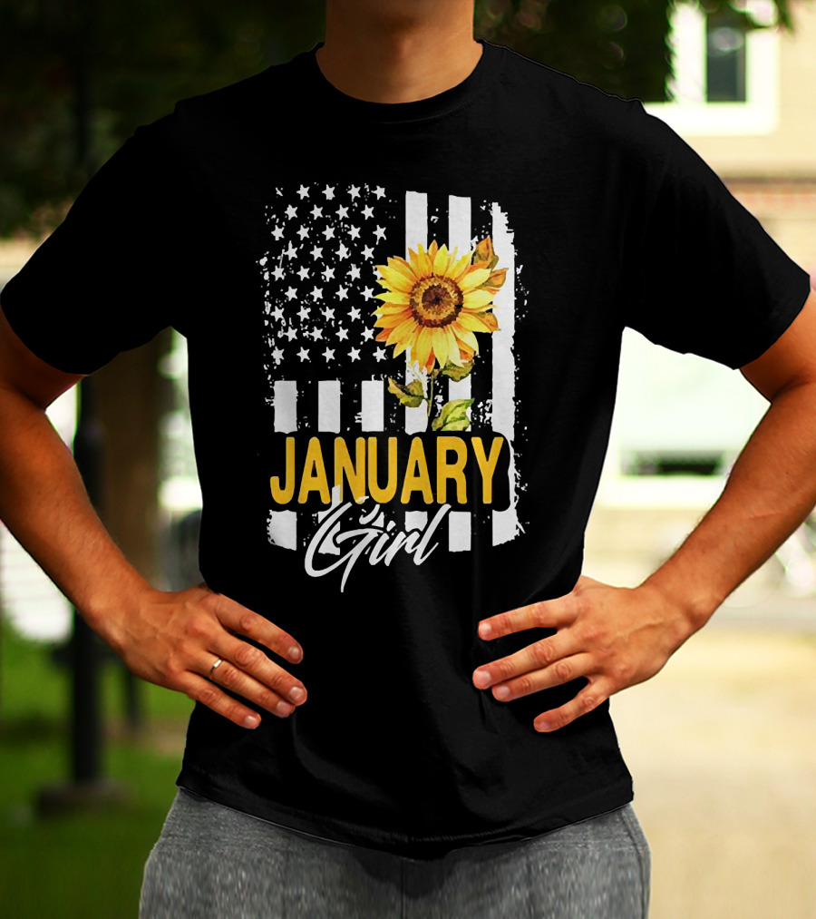 Sunflowers January Girl American Flag T-Shirt