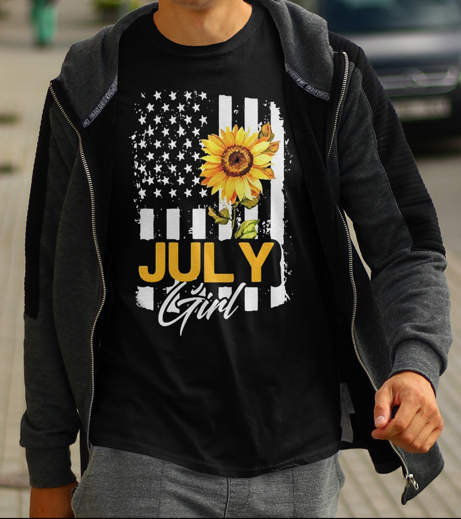 July Girl Sunflower American Flag T-Shirt