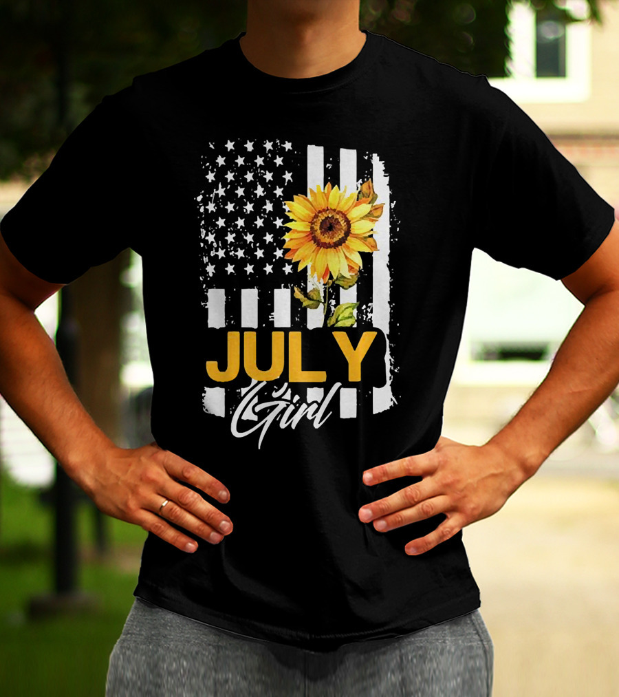 July Girl Sunflower American Flag T-Shirt