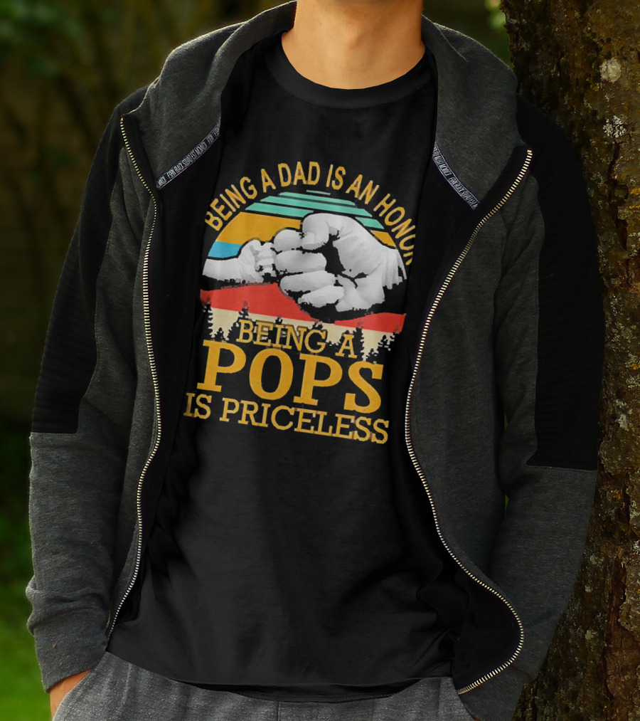 Being A Dad Is An Honor Being A Pops Is Priceless Forest Fist Bump Retro Stripes T-Shirt