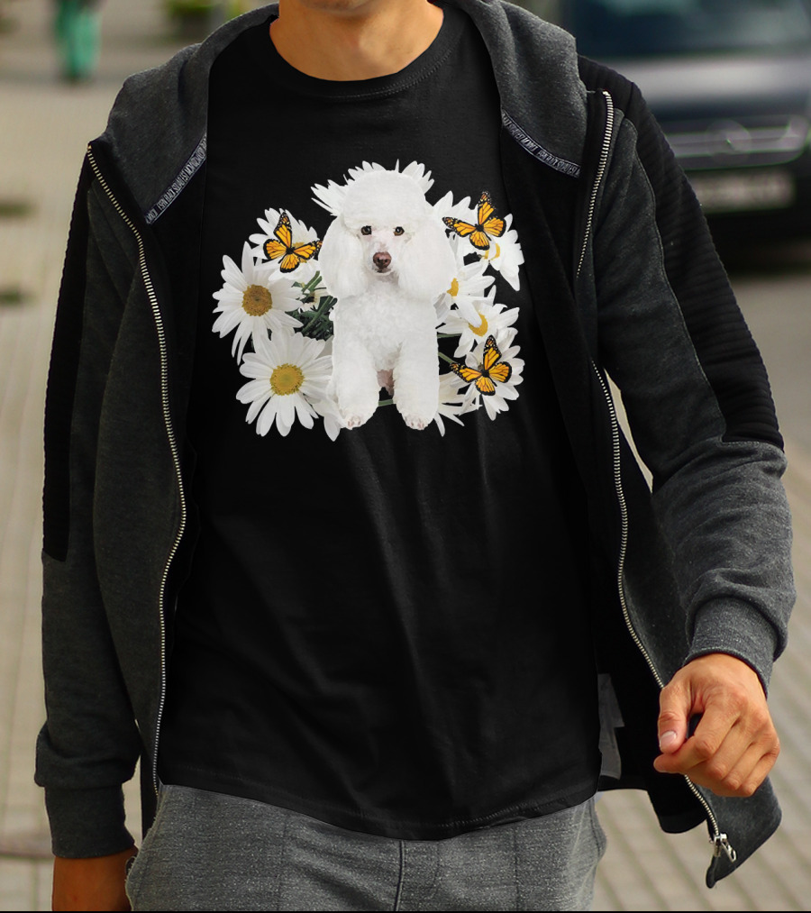 French Poodle Daisy With Butterflies And Flowers T-Shirt