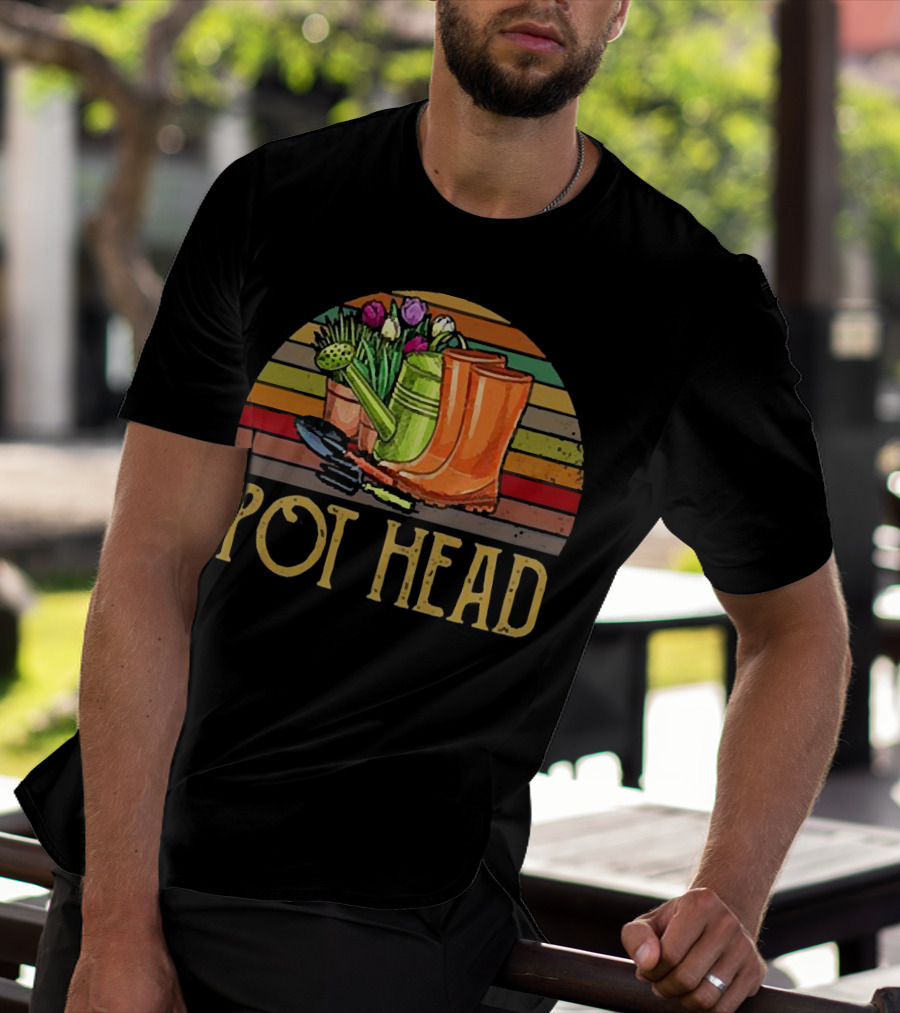 Pot Head Gardening Boots Watering Can Flowers Sunset Stripes T-Shirt