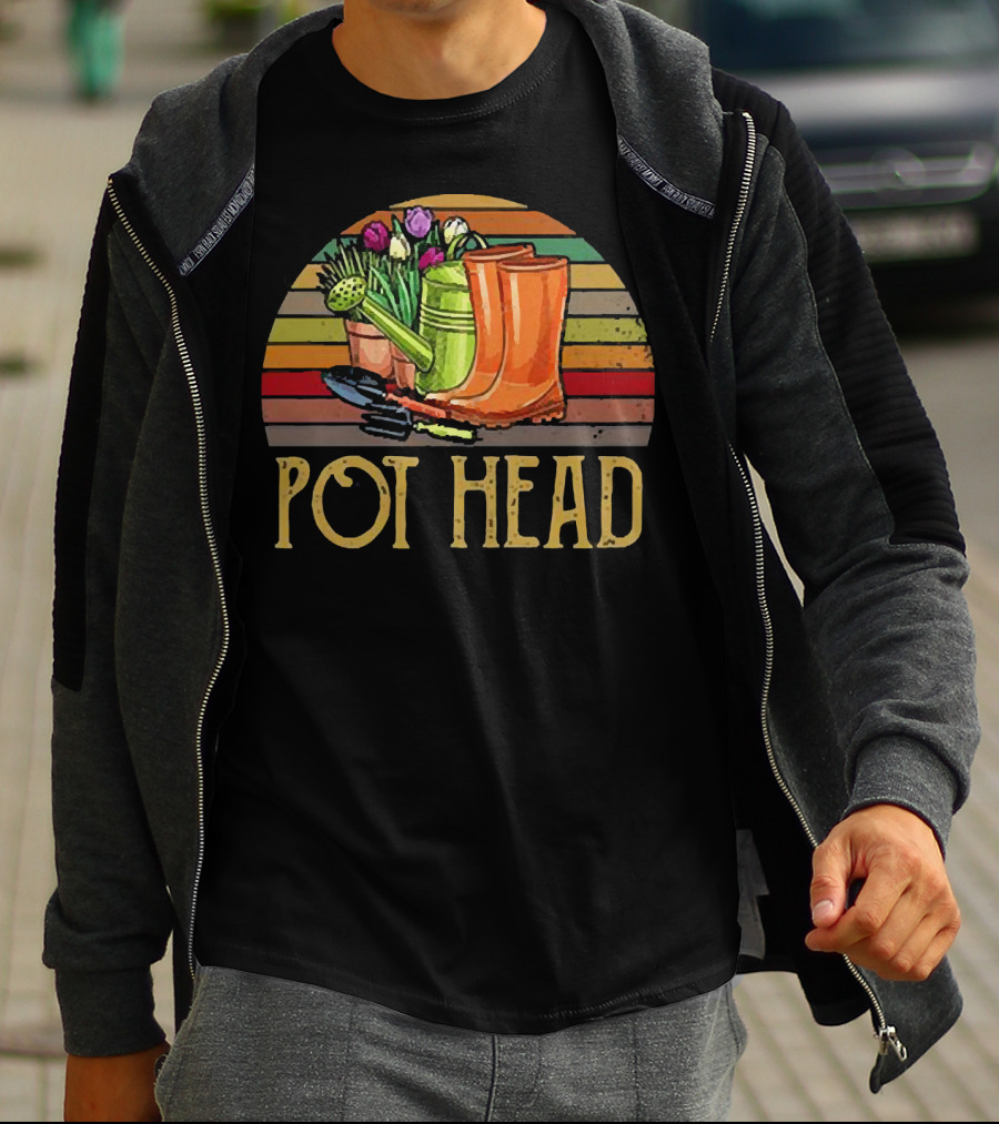 Pot Head Gardening Boots Watering Can Flowers Sunset Stripes T-Shirt