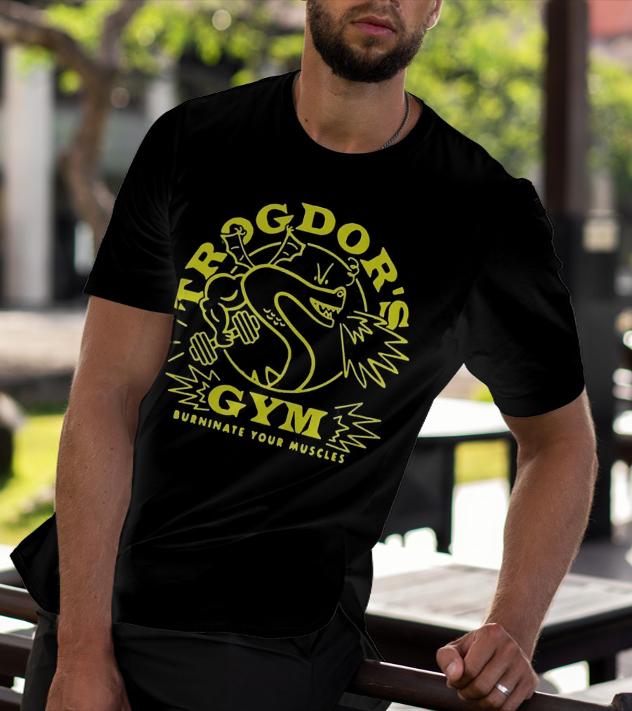 Trogdor's Gym Burninate Your Muscles Buff Dragon With Dumbbells T-Shirt