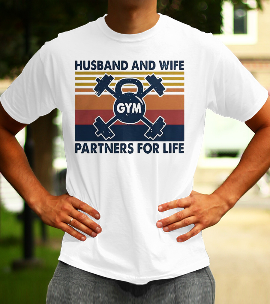Husband And Wife Gym Partners For Life Kettlebell And Dumbbells Vintage Stripes T-Shirt