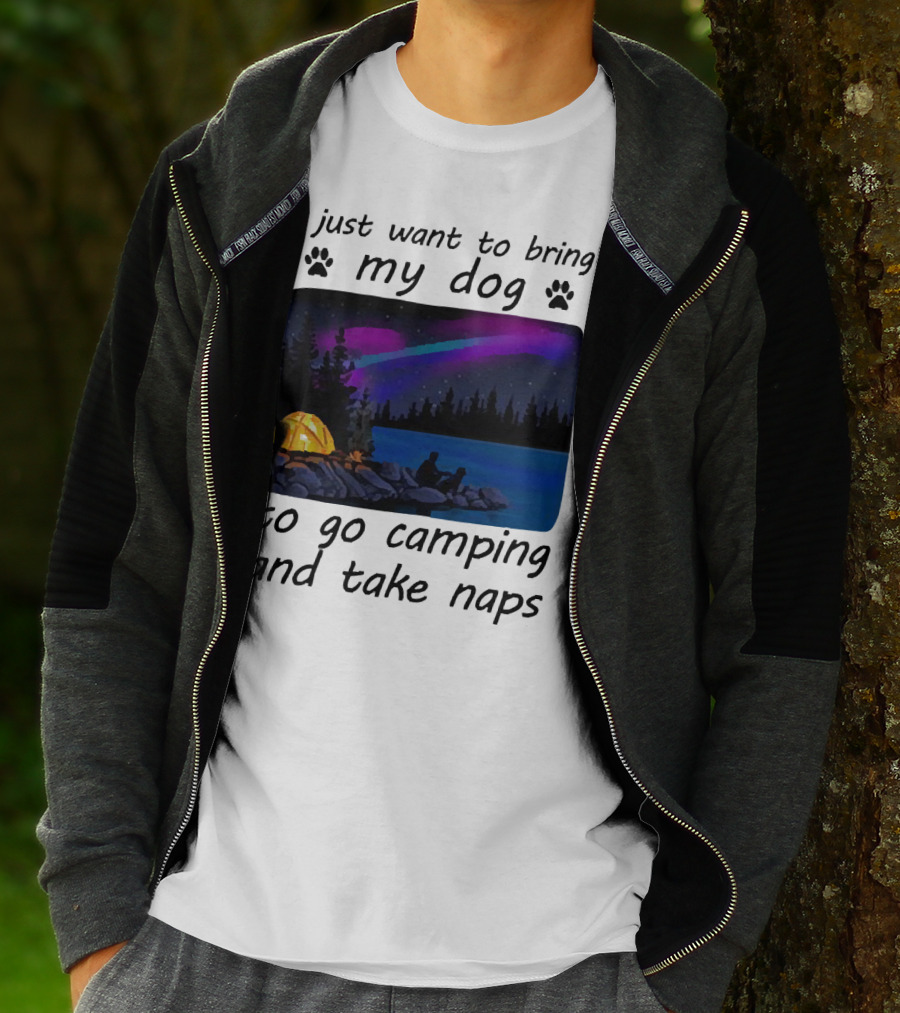 I Just Want To Bring My Dog To Go Camping And Take Naps With Aurora Borealis And Tent By Lake T-Shirt