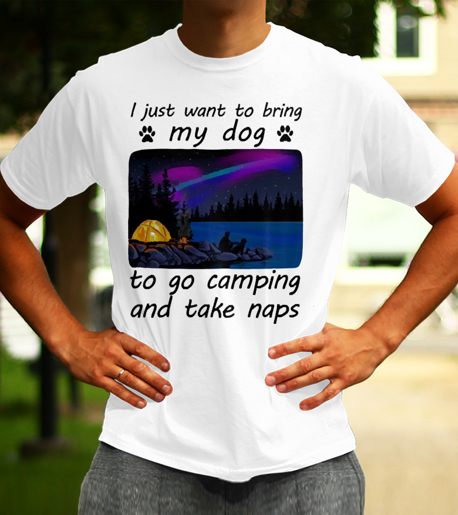 I Just Want To Bring My Dog To Go Camping And Take Naps With Aurora Borealis And Tent By Lake T-Shirt
