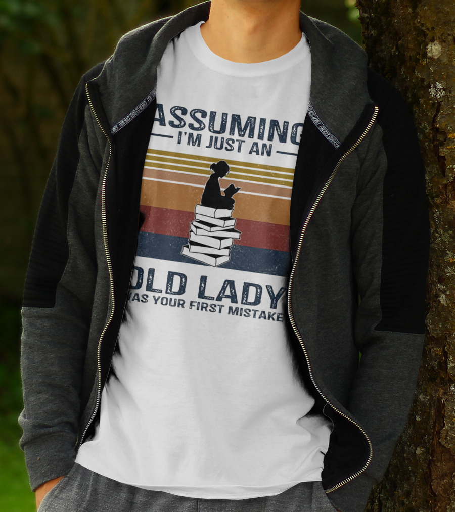 Assuming I'm Just An Old Lady Was Your First Mistake Sitting On Stack Of Books Vintage T-Shirt