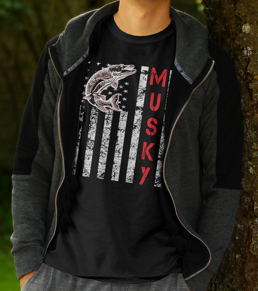Musky Fishing Distressed Flag With Musky Catch And Stars T-Shirt