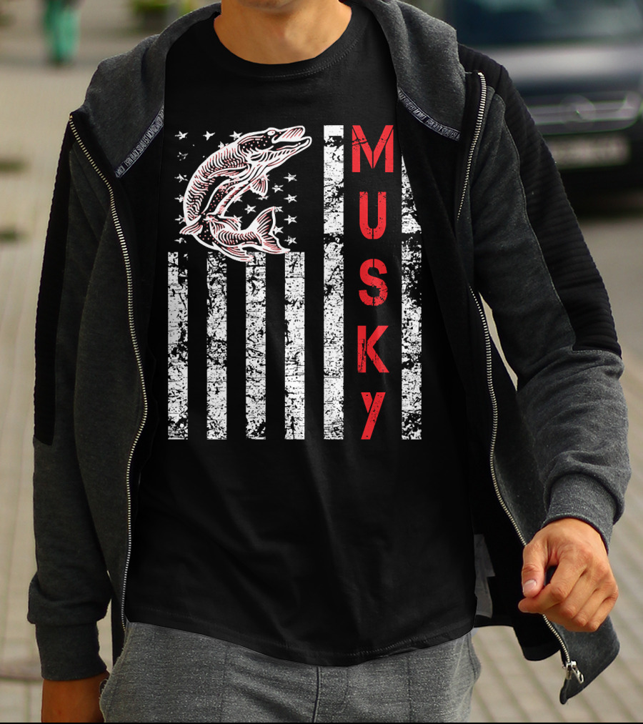 Musky Fishing Distressed Flag With Musky Catch And Stars T-Shirt